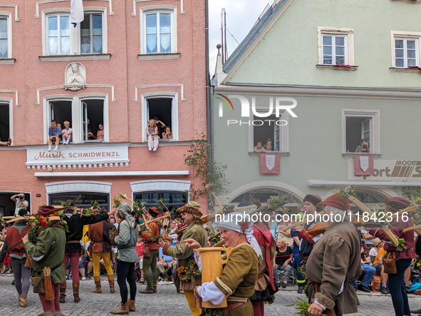 Over 2,000 participants recreate the medieval wedding of Hedwig Jagiellon and George of Bavaria. On July 16, 2023, in Landshut, Bavaria, Ger...