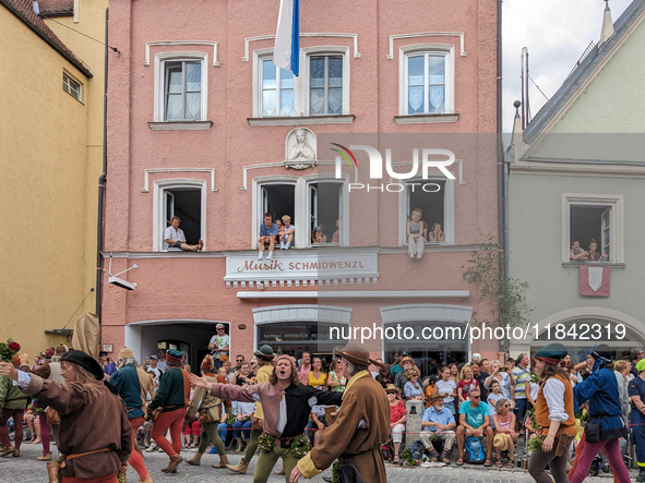 Over 2,000 participants recreate the medieval wedding of Hedwig Jagiellon and George of Bavaria. On July 16, 2023, in Landshut, Bavaria, Ger...