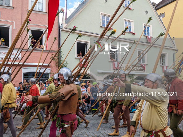 Over 2,000 participants recreate the medieval wedding of Hedwig Jagiellon and George of Bavaria. On July 16, 2023, in Landshut, Bavaria, Ger...