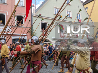 Over 2,000 participants recreate the medieval wedding of Hedwig Jagiellon and George of Bavaria. On July 16, 2023, in Landshut, Bavaria, Ger...