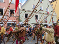 Over 2,000 participants recreate the medieval wedding of Hedwig Jagiellon and George of Bavaria. On July 16, 2023, in Landshut, Bavaria, Ger...