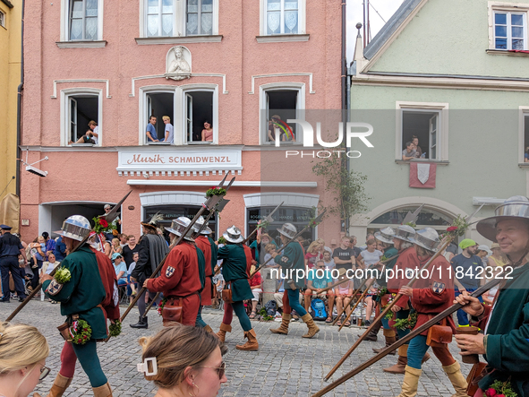 Over 2,000 participants recreate the medieval wedding of Hedwig Jagiellon and George of Bavaria. On July 16, 2023, in Landshut, Bavaria, Ger...