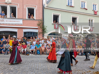 Over 2,000 participants recreate the medieval wedding of Hedwig Jagiellon and George of Bavaria. On July 16, 2023, in Landshut, Bavaria, Ger...