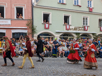 Over 2,000 participants recreate the medieval wedding of Hedwig Jagiellon and George of Bavaria. On July 16, 2023, in Landshut, Bavaria, Ger...