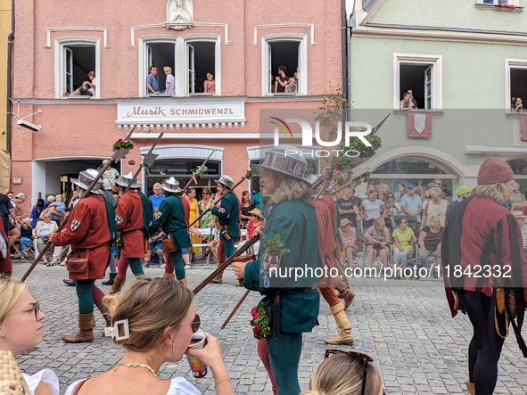 Over 2,000 participants recreate the medieval wedding of Hedwig Jagiellon and George of Bavaria. On July 16, 2023, in Landshut, Bavaria, Ger...