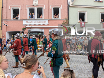 Over 2,000 participants recreate the medieval wedding of Hedwig Jagiellon and George of Bavaria. On July 16, 2023, in Landshut, Bavaria, Ger...