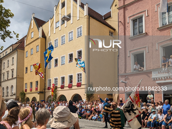 Over 2,000 participants recreate the medieval wedding of Hedwig Jagiellon and George of Bavaria. On July 16, 2023, in Landshut, Bavaria, Ger...