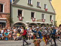 Over 2,000 participants recreate the medieval wedding of Hedwig Jagiellon and George of Bavaria. On July 16, 2023, in Landshut, Bavaria, Ger...