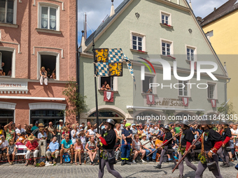 Over 2,000 participants recreate the medieval wedding of Hedwig Jagiellon and George of Bavaria. On July 16, 2023, in Landshut, Bavaria, Ger...