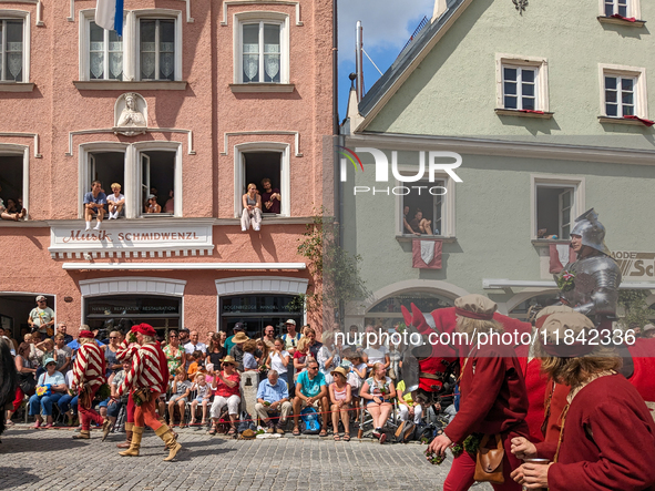 Over 2,000 participants recreate the medieval wedding of Hedwig Jagiellon and George of Bavaria. On July 16, 2023, in Landshut, Bavaria, Ger...