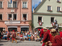 Over 2,000 participants recreate the medieval wedding of Hedwig Jagiellon and George of Bavaria. On July 16, 2023, in Landshut, Bavaria, Ger...