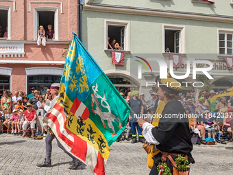 Over 2,000 participants recreate the medieval wedding of Hedwig Jagiellon and George of Bavaria. On July 16, 2023, in Landshut, Bavaria, Ger...