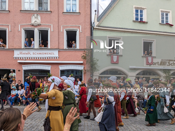 Over 2,000 participants recreate the medieval wedding of Hedwig Jagiellon and George of Bavaria. On July 16, 2023, in Landshut, Bavaria, Ger...