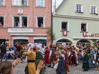 Over 2,000 participants recreate the medieval wedding of Hedwig Jagiellon and George of Bavaria. On July 16, 2023, in Landshut, Bavaria, Ger...