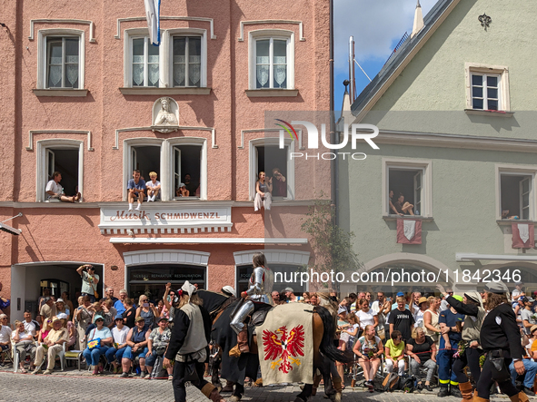 Over 2,000 participants recreate the medieval wedding of Hedwig Jagiellon and George of Bavaria. On July 16, 2023, in Landshut, Bavaria, Ger...