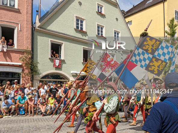 Over 2,000 participants recreate the medieval wedding of Hedwig Jagiellon and George of Bavaria. On July 16, 2023, in Landshut, Bavaria, Ger...