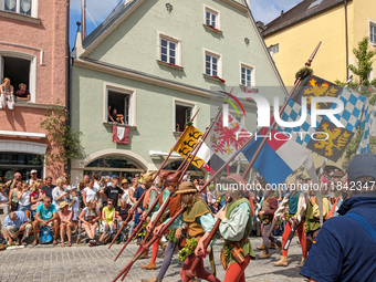 Over 2,000 participants recreate the medieval wedding of Hedwig Jagiellon and George of Bavaria. On July 16, 2023, in Landshut, Bavaria, Ger...