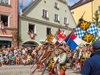 Over 2,000 participants recreate the medieval wedding of Hedwig Jagiellon and George of Bavaria. On July 16, 2023, in Landshut, Bavaria, Ger...