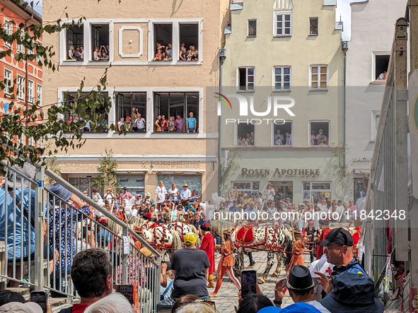 Over 2,000 participants recreate the medieval wedding of Hedwig Jagiellon and George of Bavaria. On July 16, 2023, in Landshut, Bavaria, Ger...