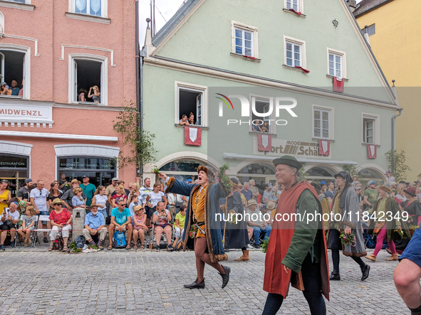 Over 2,000 participants recreate the medieval wedding of Hedwig Jagiellon and George of Bavaria. On July 16, 2023, in Landshut, Bavaria, Ger...