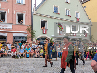 Over 2,000 participants recreate the medieval wedding of Hedwig Jagiellon and George of Bavaria. On July 16, 2023, in Landshut, Bavaria, Ger...