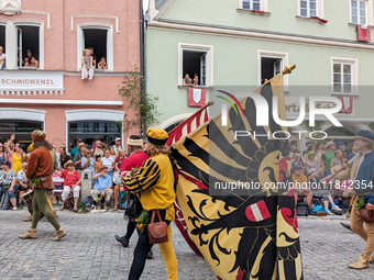 Over 2,000 participants recreate the medieval wedding of Hedwig Jagiellon and George of Bavaria. On July 16, 2023, in Landshut, Bavaria, Ger...