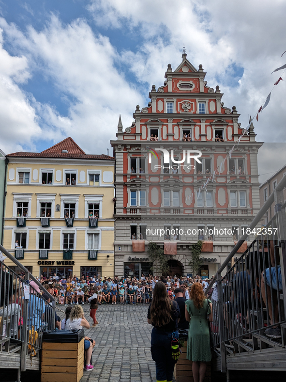 Over 2,000 participants recreate the medieval wedding of Hedwig Jagiellon and George of Bavaria. On July 16, 2023, in Landshut, Bavaria, Ger...