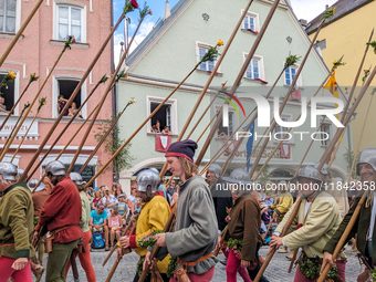 Over 2,000 participants recreate the medieval wedding of Hedwig Jagiellon and George of Bavaria. On July 16, 2023, in Landshut, Bavaria, Ger...