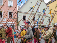 Over 2,000 participants recreate the medieval wedding of Hedwig Jagiellon and George of Bavaria. On July 16, 2023, in Landshut, Bavaria, Ger...