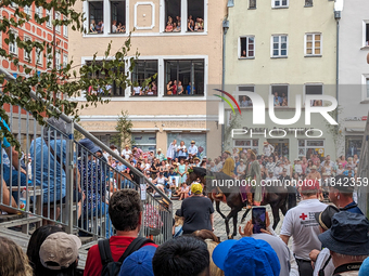 Over 2,000 participants recreate the medieval wedding of Hedwig Jagiellon and George of Bavaria. On July 16, 2023, in Landshut, Bavaria, Ger...