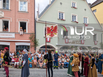 Over 2,000 participants recreate the medieval wedding of Hedwig Jagiellon and George of Bavaria. On July 16, 2023, in Landshut, Bavaria, Ger...