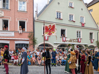 Over 2,000 participants recreate the medieval wedding of Hedwig Jagiellon and George of Bavaria. On July 16, 2023, in Landshut, Bavaria, Ger...