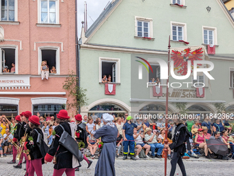 Over 2,000 participants recreate the medieval wedding of Hedwig Jagiellon and George of Bavaria. On July 16, 2023, in Landshut, Bavaria, Ger...