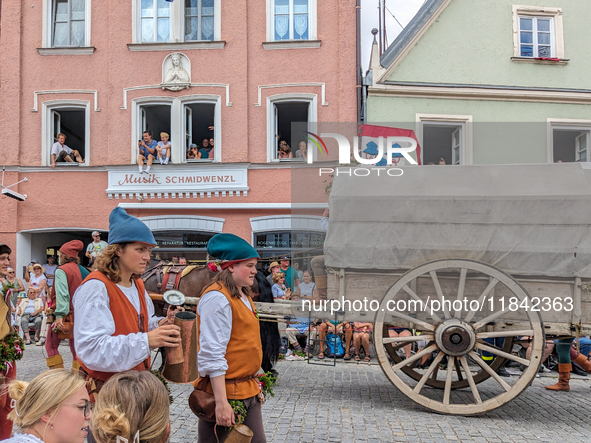 Over 2,000 participants recreate the medieval wedding of Hedwig Jagiellon and George of Bavaria. On July 16, 2023, in Landshut, Bavaria, Ger...