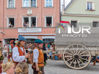 Over 2,000 participants recreate the medieval wedding of Hedwig Jagiellon and George of Bavaria. On July 16, 2023, in Landshut, Bavaria, Ger...