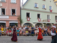 Over 2,000 participants recreate the medieval wedding of Hedwig Jagiellon and George of Bavaria. On July 16, 2023, in Landshut, Bavaria, Ger...