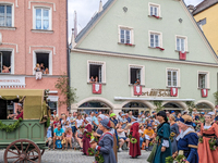 Over 2,000 participants recreate the medieval wedding of Hedwig Jagiellon and George of Bavaria. On July 16, 2023, in Landshut, Bavaria, Ger...