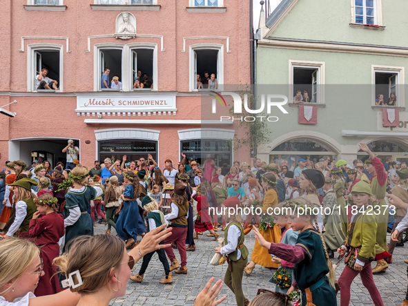 Over 2,000 participants recreate the medieval wedding of Hedwig Jagiellon and George of Bavaria. On July 16, 2023, in Landshut, Bavaria, Ger...