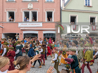 Over 2,000 participants recreate the medieval wedding of Hedwig Jagiellon and George of Bavaria. On July 16, 2023, in Landshut, Bavaria, Ger...