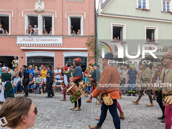 Over 2,000 participants recreate the medieval wedding of Hedwig Jagiellon and George of Bavaria. On July 16, 2023, in Landshut, Bavaria, Ger...