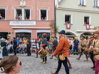 Over 2,000 participants recreate the medieval wedding of Hedwig Jagiellon and George of Bavaria. On July 16, 2023, in Landshut, Bavaria, Ger...