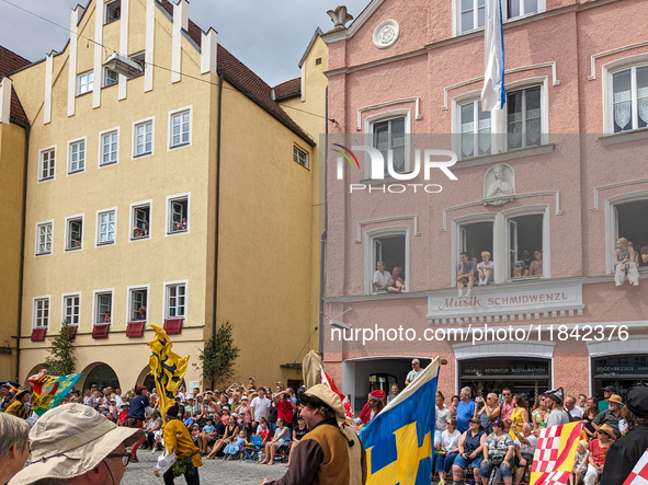 Over 2,000 participants recreate the medieval wedding of Hedwig Jagiellon and George of Bavaria. On July 16, 2023, in Landshut, Bavaria, Ger...