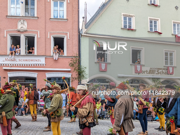 Over 2,000 participants recreate the medieval wedding of Hedwig Jagiellon and George of Bavaria. On July 16, 2023, in Landshut, Bavaria, Ger...