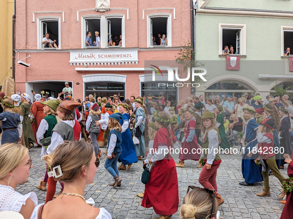 Over 2,000 participants recreate the medieval wedding of Hedwig Jagiellon and George of Bavaria. On July 16, 2023, in Landshut, Bavaria, Ger...