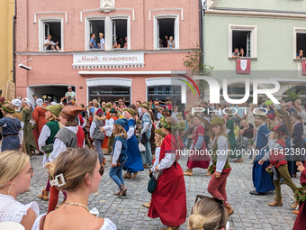 Over 2,000 participants recreate the medieval wedding of Hedwig Jagiellon and George of Bavaria. On July 16, 2023, in Landshut, Bavaria, Ger...