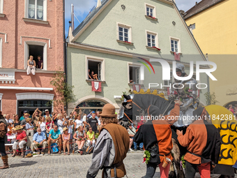 Over 2,000 participants recreate the medieval wedding of Hedwig Jagiellon and George of Bavaria. On July 16, 2023, in Landshut, Bavaria, Ger...