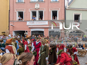 Over 2,000 participants recreate the medieval wedding of Hedwig Jagiellon and George of Bavaria. On July 16, 2023, in Landshut, Bavaria, Ger...