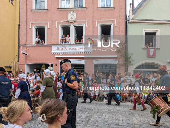 Over 2,000 participants recreate the medieval wedding of Hedwig Jagiellon and George of Bavaria. On July 16, 2023, in Landshut, Bavaria, Ger...