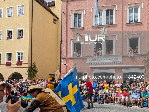 Over 2,000 participants recreate the medieval wedding of Hedwig Jagiellon and George of Bavaria. On July 16, 2023, in Landshut, Bavaria, Ger...