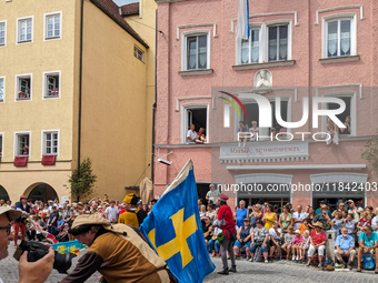 Over 2,000 participants recreate the medieval wedding of Hedwig Jagiellon and George of Bavaria. On July 16, 2023, in Landshut, Bavaria, Ger...